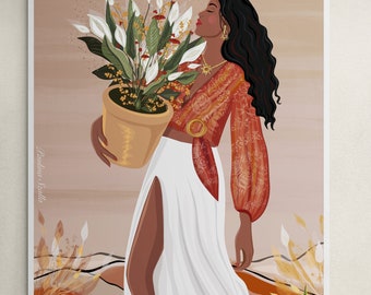 May include: A woman with long black hair is holding a potted plant with white flowers. She is wearing a red and orange patterned blouse and a white skirt. The background is a light brown color with a subtle pattern.