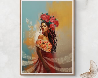 Könnte beinhalten: Ein Gemälde einer Frau mit langen dunklen Haaren, die ein rotes Kleid mit Blumenstickerei und eine Krone aus roten Rosen trägt. Der Hintergrund ist in sanftem Blau und Gelb gehalten.