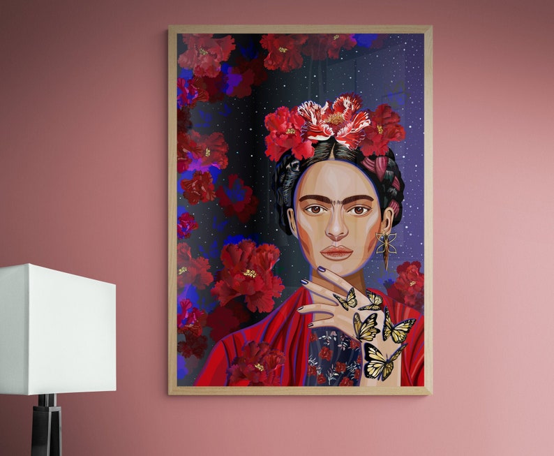 May include: A digital painting of Frida Kahlo with a crown of red flowers and butterflies on her hand against a dark blue background with white stars.
