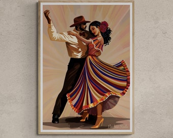 May include: A painting of a couple dancing. The man is wearing a brown hat and a white shirt. The woman is wearing a colorful striped dress and a flower in her hair. The painting is signed "Pandora Sualla".