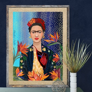 May include: A framed illustration of Frida Kahlo with a red heart and flowers. The background is a blue and black pattern.