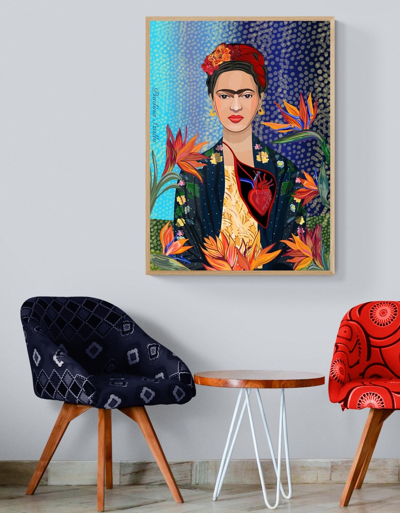 May include: A framed illustration of Frida Kahlo with a red flower crown and a heart in her chest. The background is a blue and black abstract pattern with orange flowers.