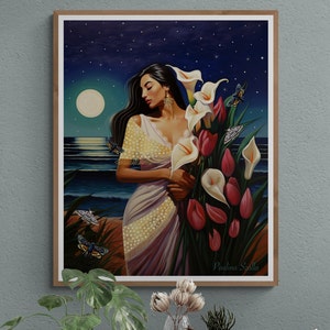 Mondfrau Kunstdruck|Fine Art verträumter himmlischer Illustrationsdruck|Sterne und Mondkunst|kosmische Kunst | Goldene Motte, Geschenk für Pflanzenliebhaber, Kunst für Pflanzenmama