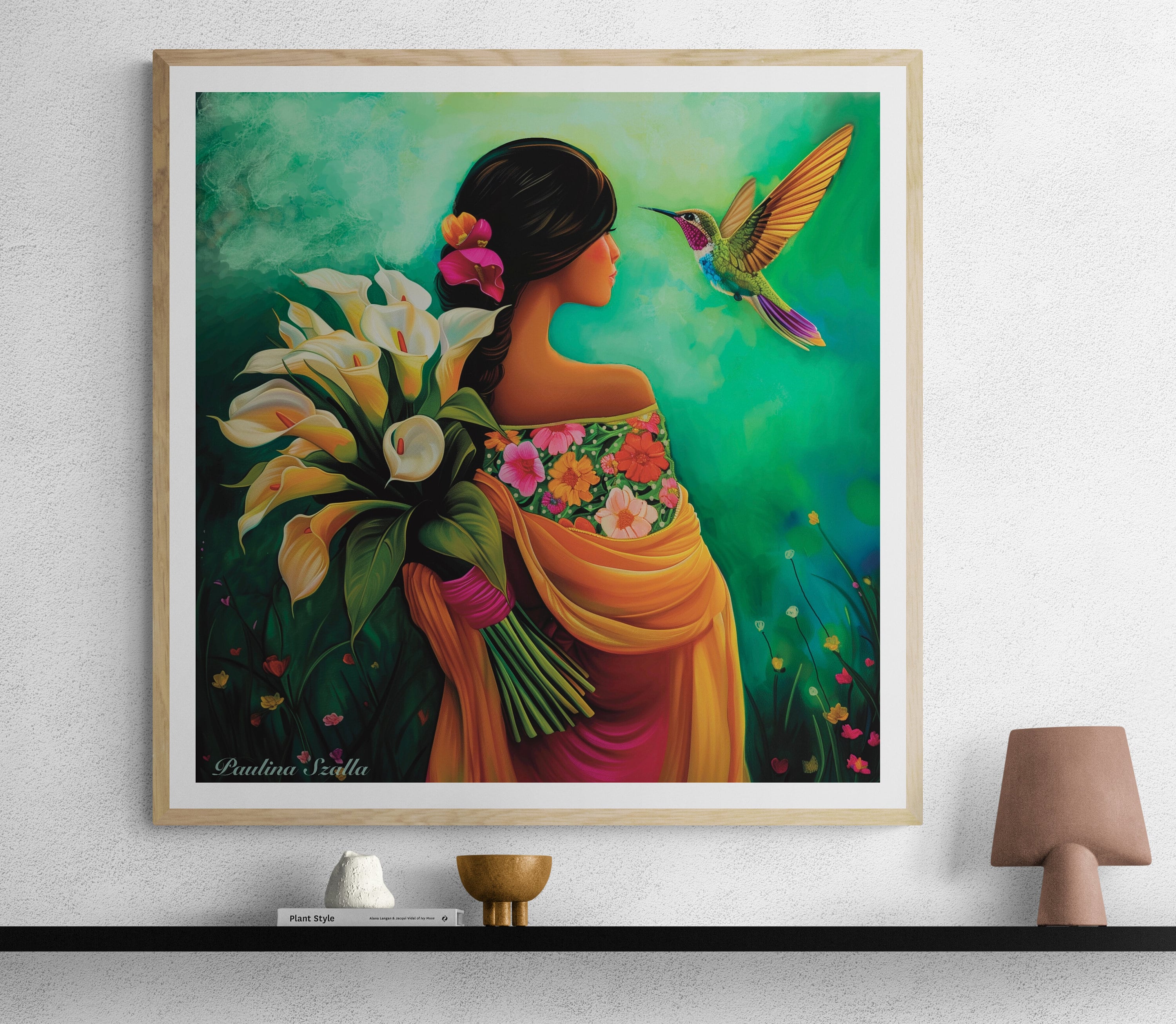 Why you want to fly humming-bird?Mexican Art Guatemalan El Salvador Latin woman&Calla Lilly American Diego Rivera Style Art Print Alcatraces