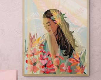 May include: A digital illustration of a woman with long dark hair, wearing a light blue dress and a floral crown. She is surrounded by colorful flowers and leaves, with a soft light shining through the background. The text "Paulina Szalla" is in the top right corner of the image.