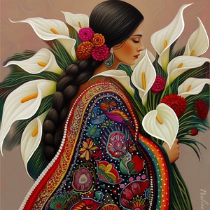 May include: A woman with long black hair adorned with pink flowers holds a bouquet of white calla lilies. She is wearing a colourful embroidered dress with intricate patterns.