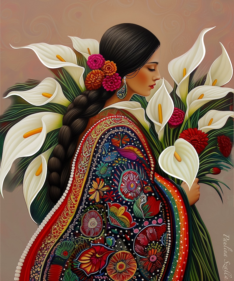 May include: A woman with long black hair adorned with pink flowers holds a bouquet of white calla lilies. She is wearing a colourful embroidered dress with intricate patterns.
