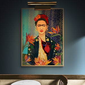 May include: A colorful painting of Frida Kahlo with a heart exposed and flowers surrounding her. The background is a blue and gold abstract pattern.