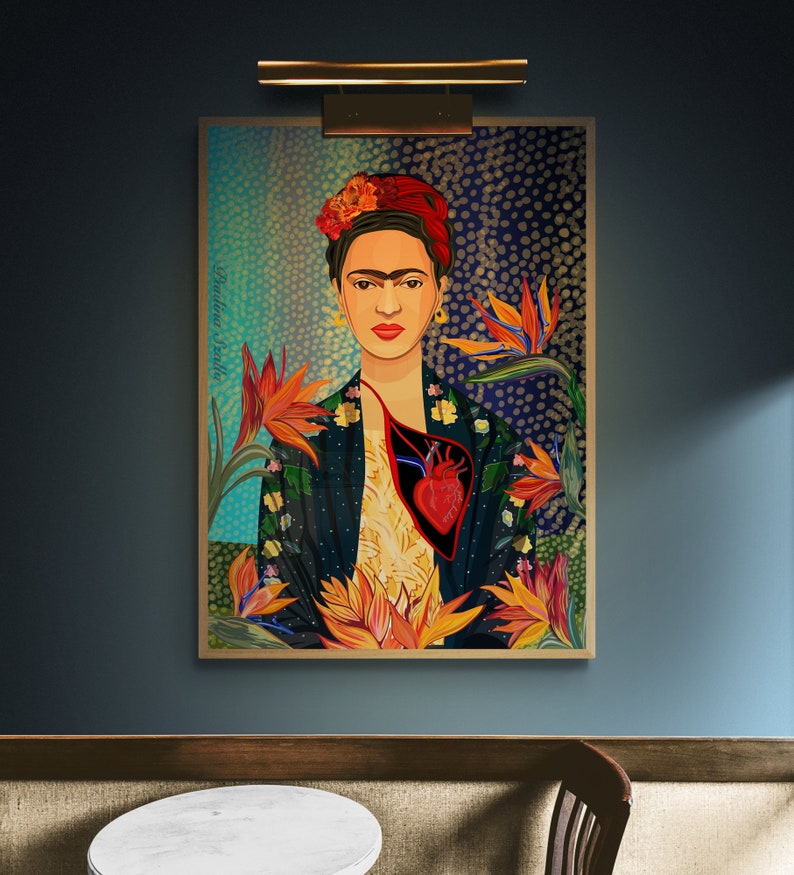 May include: A colorful painting of Frida Kahlo with a heart exposed and flowers surrounding her. The background is a blue and gold abstract pattern.