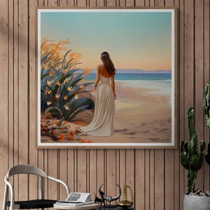 May include: A painting of a woman in a white dress walking on a beach with a lush green plant in the foreground. The sky is a soft blue with a hint of orange in the distance. The painting is signed "Pamela Scott" in the bottom right corner.