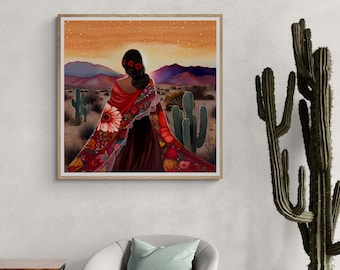 Mente tranquila -mujer latina de México con chal de flores, floral de cactus del desierto inspirado en la naturaleza, arte de pared de decoración del hogar del paisaje del desierto ruborizado, folk