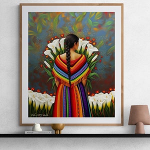 Alcatraces Calla Lily Flower Vendor, Mexican Art,Guatemala El Salvador Mexican Guatemalan Chicano Latin American Boho Diego Rivera Style Art