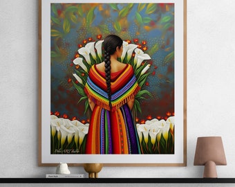 May include: A woman in a colorful traditional dress stands with her back to the viewer, surrounded by white calla lilies. The background is a blue and green landscape with a starry sky.
