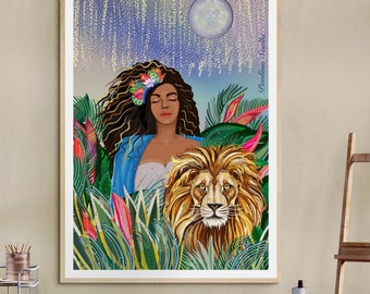 May include: A digital illustration of a woman with long dark hair wearing a blue and white dress and a floral crown. She is standing in a lush green jungle with a lion beside her. The background is a blue sky with a white moon.