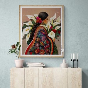 May include: A painting of a woman with long dark hair wearing a colourful embroidered dress and holding a bouquet of white calla lilies.