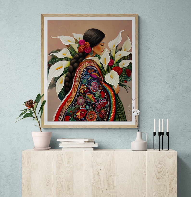 May include: A painting of a woman with long dark hair wearing a colourful embroidered dress and holding a bouquet of white calla lilies.