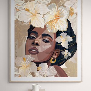 May include: A digital illustration of a woman with dark skin and brown eyes, surrounded by white hibiscus flowers. The background is a light brown with gold accents. The text "Pauline Stella" is visible in the lower left corner.