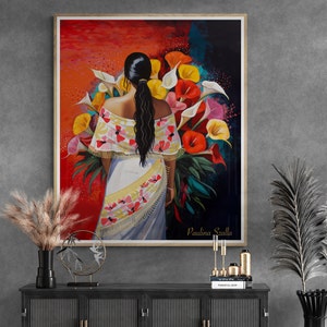 Women of Colors,Decorative Art mexico latin spanish girl with flowers,Nature Inspired Home Wall Decor, Latin American Boho, Folklore Art