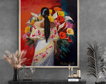 May include: A painting of a woman in a white dress with a colourful floral pattern, holding a large bouquet of white, red and yellow calla lilies. The background is a vibrant red and blue.