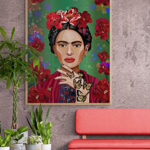 May include: A framed illustration of Frida Kahlo with a floral crown and butterflies on her hand against a green background.
