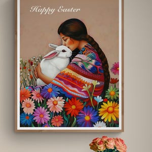 Frühlingsblumenhase Osterkunst, Osterkarte, Daisy Floral Art, Druckbare Wandkunst, Osterwandkunst, Osterhase, Frühlingsdekor, Folklorekunst