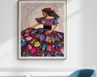 May include: A woman wearing a colourful floral dress with a red flower in her hair. The dress has a black background with a variety of flowers in shades of pink, purple, yellow, and blue. The woman is standing in front of a light pink and white background.