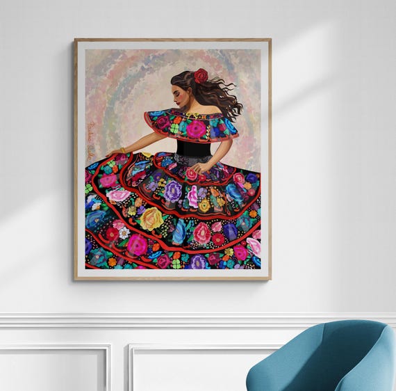 Chiapas Woman Art, Folklorico Art Print,Mexican Folkloric Dress Art, Floral Embroidered Dress, Embroidery Art,Mexican Wall Art,Folklore Art,