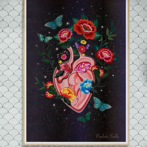 Blooming heart,El Corazon art|chiapas heart|Wall Art| Illustration| heartart| Mexican folk art| plant lover art, plant mom decor gift