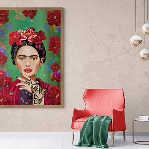 May include: A framed painting of a woman with a flower crown and butterflies on her hand. The background is a green and red floral pattern.