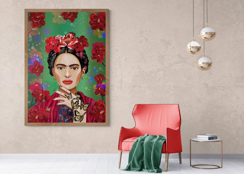 May include: A framed painting of a woman with a flower crown and butterflies on her hand. The background is a green and red floral pattern.