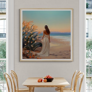 May include: A painting of a woman in a white dress walking on a beach with a tropical plant in the foreground. The sky is blue and the water is turquoise.