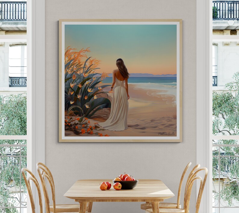 May include: A painting of a woman in a white dress walking on a beach with a tropical plant in the foreground. The sky is blue and the water is turquoise.