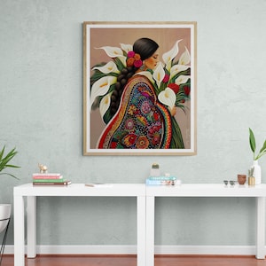 May include: A painting of a woman in a colourful embroidered dress holding a bouquet of white calla lilies.
