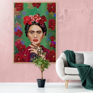 May include: A digital painting of Frida Kahlo with a flower crown and butterflies on her hand. The background is a green and red floral pattern.