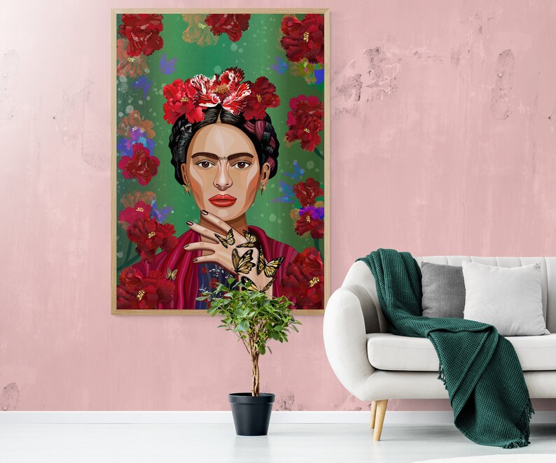 May include: A digital painting of Frida Kahlo with a flower crown and butterflies on her hand. The background is a green and red floral pattern.