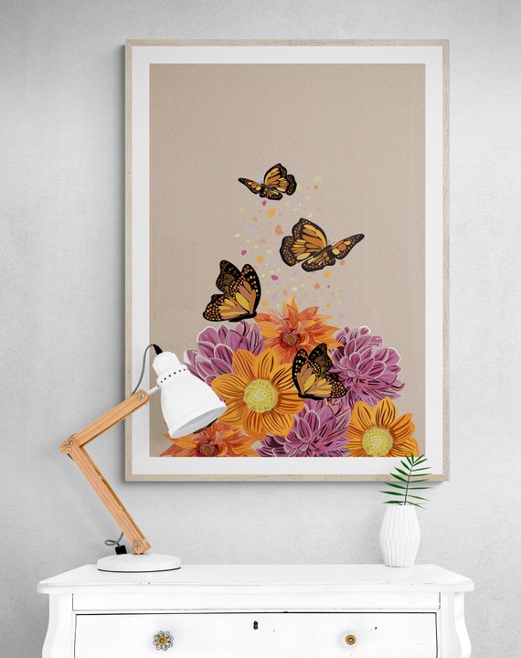 Butterflies & Flowers,Lover Flower Art,Flower Art Print, Minimal Wall Art, Nursery,Butterfly ,Wall Hanging poster,Wall Decor,Abstract Flower