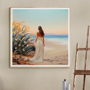 May include: A painting of a woman in a white dress standing on a beach with her back to the viewer. She is looking out at the ocean. There are tall, yellow grasses and orange flowers in the foreground. The sky is a light blue and the water is a turquoise blue. The painting is signed "Marina Scilla" in the bottom right corner.