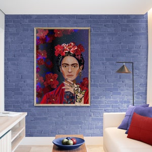 May include: A framed painting of a woman with dark hair and a red dress. She is wearing a flower crown and has butterflies on her hand. The background is a dark blue with red flowers.