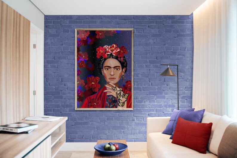 May include: A framed painting of a woman with dark hair and a red dress. She is wearing a flower crown and has butterflies on her hand. The background is a dark blue with red flowers.