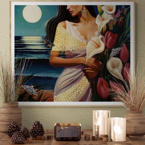 Lunar dreams,Female Moon Illustration|fine art dreamy Wall Art|stars and moon art|Spiritual Art|Golden moth,Plant Lover Gift,Plant Mom Art