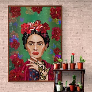 May include: A painting of Frida Kahlo with a flower crown and butterflies on her hand. The background is green with red flowers.