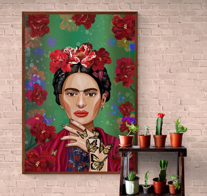 May include: A painting of Frida Kahlo with a flower crown and butterflies on her hand. The background is green with red flowers.