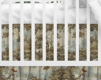 Gathered Crib Skirt in Avondale Vintage Sportsman Toile- Hunting, Fishing