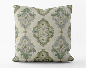 Decorative Throw Pillows in Queen Bay Green, Blue Medallion Watercolor- Large Scale