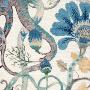 May include: Close-up of a fabric with a floral pattern. The design features large blue flowers, teal stems, and gray and teal serpentine shapes against a white background. The fabric has a textured appearance.