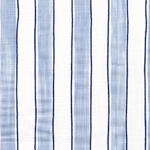 May include: Close-up of a fabric with vertical stripes. Alternating white and light blue stripes are separated by thin, dark blue lines. The fabric has a textured appearance, suggesting a woven material, possibly cotton or linen.