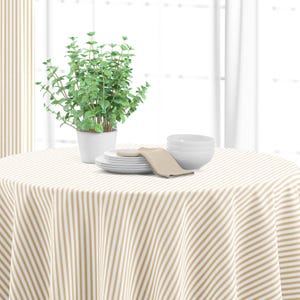 Round Tablecloth in Berlin Driftwood Brown Ticking Stripe on Ivory