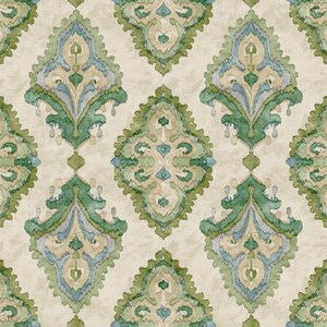 May include: A seamless pattern with a repeating design of green, blue, and beige floral motifs on a cream background.