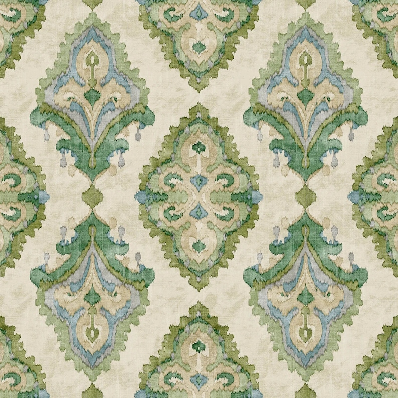 May include: A seamless pattern with a repeating design of green, blue, and beige floral motifs on a cream background.