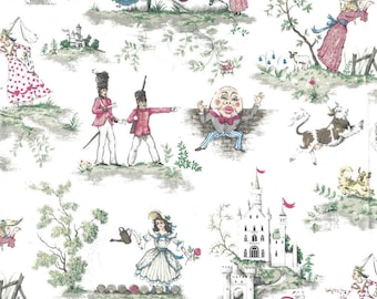 Fabric Cut Yardage in Over the Moon Fairy Tale Toile - Nursery Rhyme, Green, Pink,
